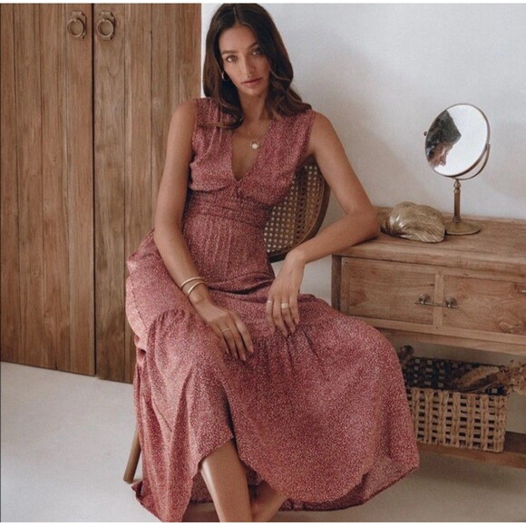 Pampelone Evelyn deep V boho maxi dress Sz S Resortwear Fall Party Cottage Vacay - Picture 1 of 9